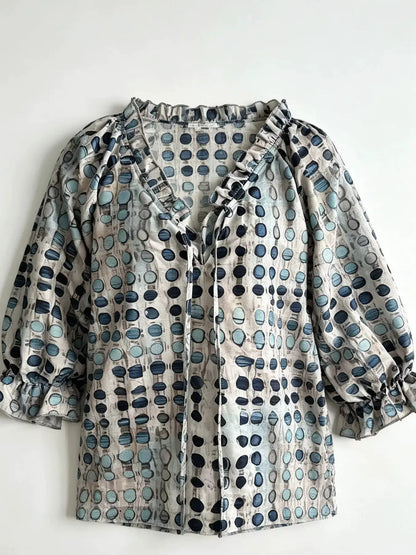 Full Size Tie Neck 3/4 Sleeve Blouse Plus Size by Trendsi