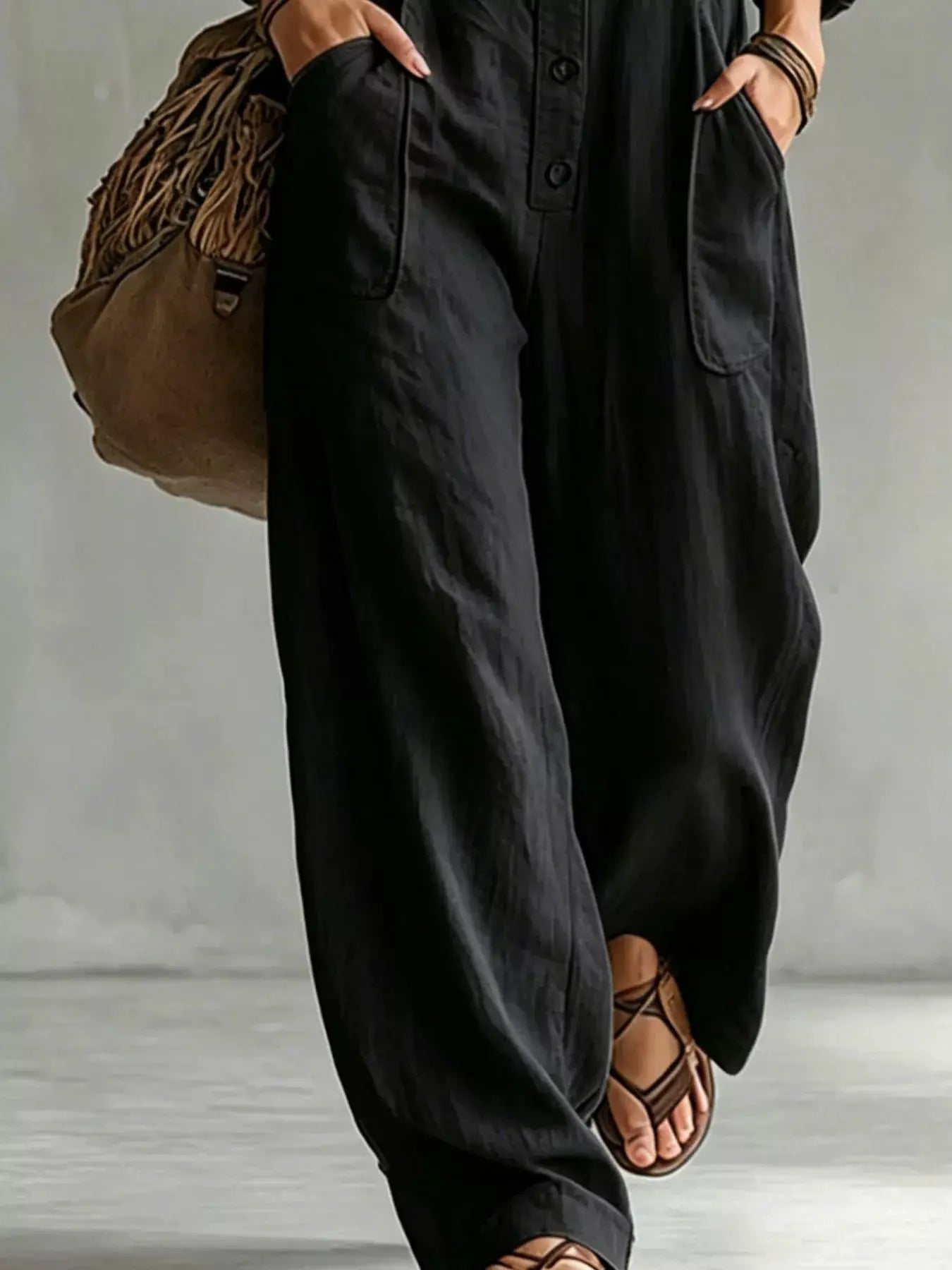Full Size Long Sleeve Button Front Jumpsuit Plus Size by Trendsi