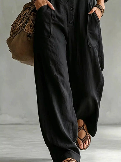 Full Size Long Sleeve Button Front Jumpsuit Plus Size by Trendsi