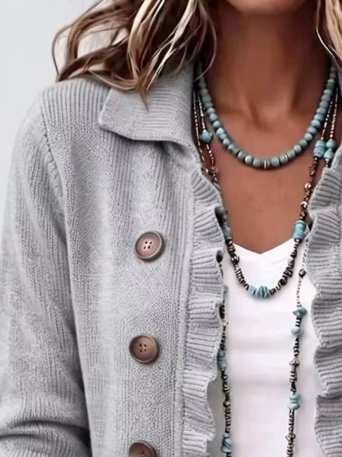 Full Size Ruffled Trim Decorative Button Cardigan Plus Size by Trendsi