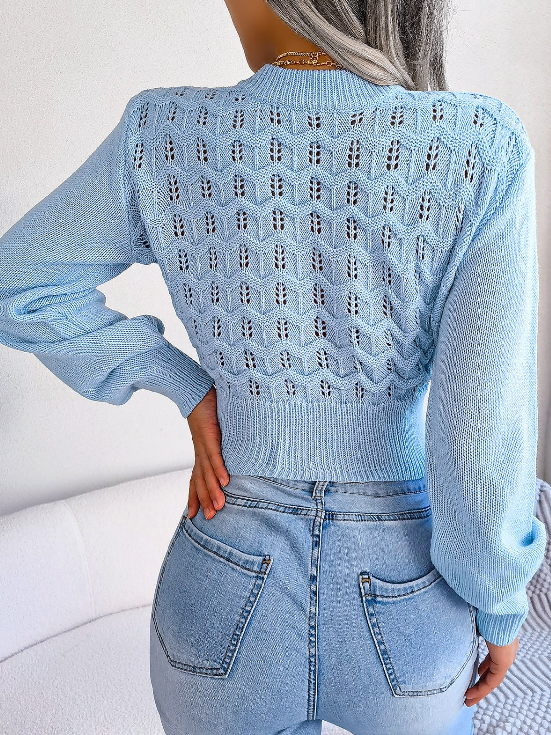 Openwork Mock Neck Long Sleeve Cropped Sweater