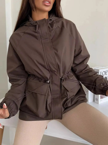 Drawstring Waist Hooded Windbreaker Outerwear by Trendsi