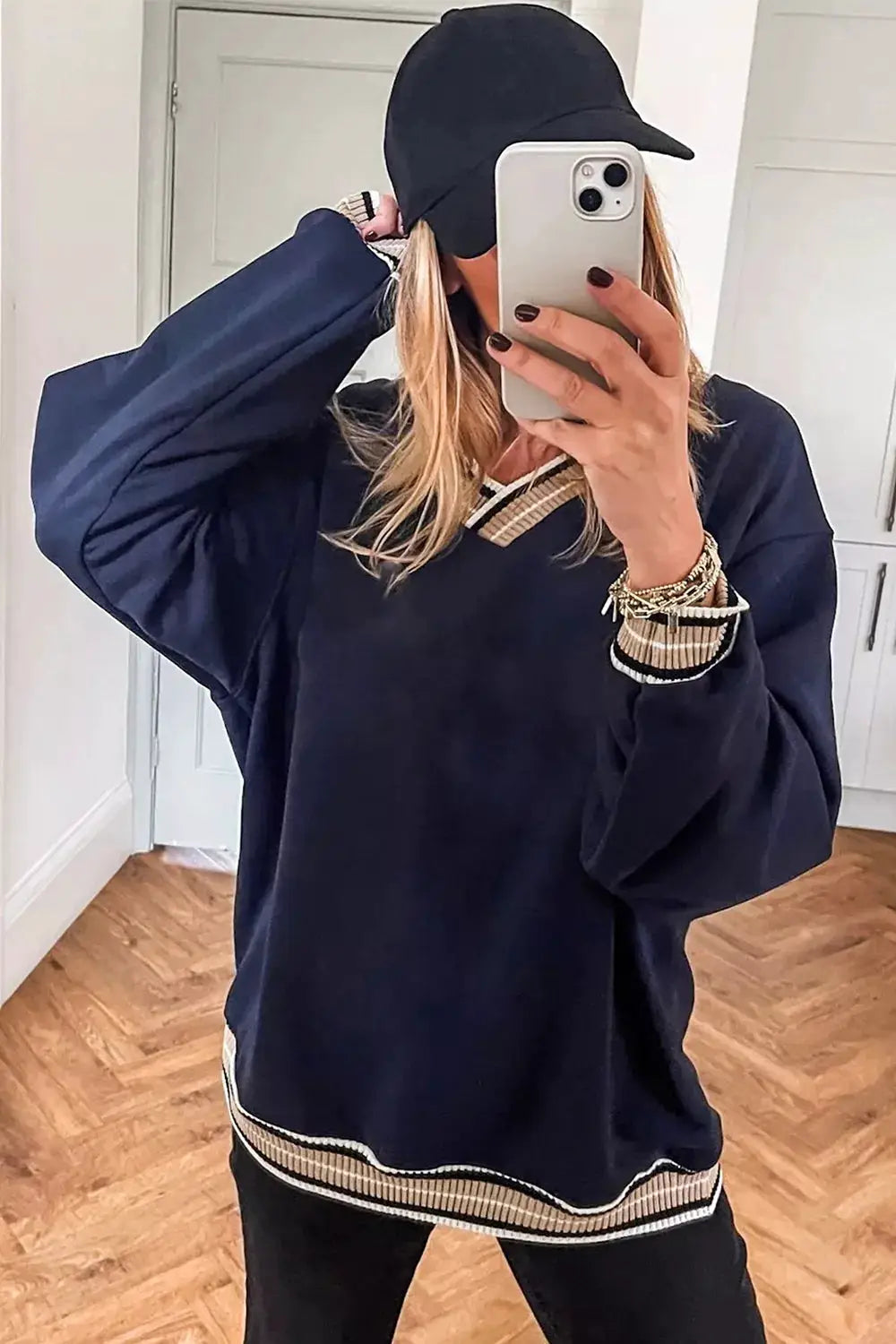 Contrast Striped Trim V Neck Sweatshirt by Trendsi