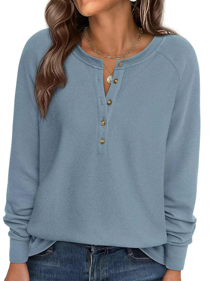 Waffle Knit Henley Long Sleeve T-Shirt by Trendsi