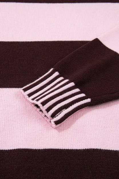 Stripe Contrast High Neck Dropped Shoulder Relaxed Sweater by Trendsi