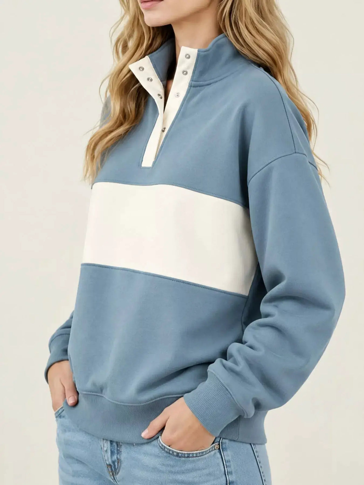 Full Size Color Block Snap-Button Sweatshirt Plus Size by Trendsi