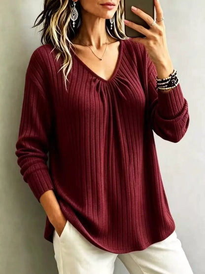 V-Neck Ribbed Long Sleeve T-Shirt by Trendsi