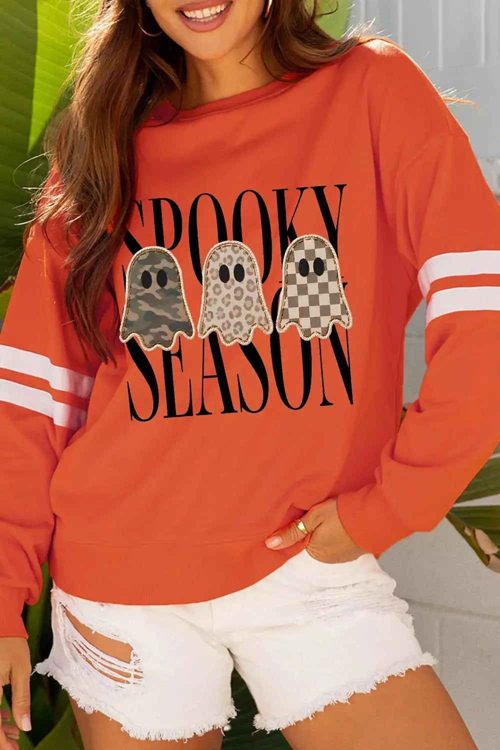Spooky Season Ghost Graphic Varsity Striped Sleeve Halloween Pullover Sweatshirt by Trendsi