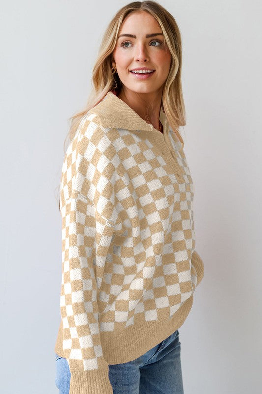 Checkered Buttons V Neck Drop Shoulder Sweater