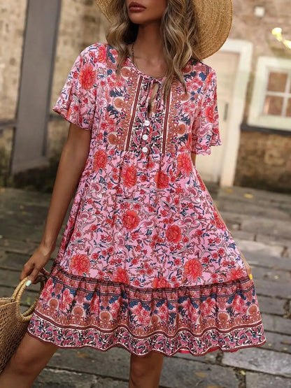 Floral Print Tie-Neck Ruffle Hem Mini Dress by Trendsi