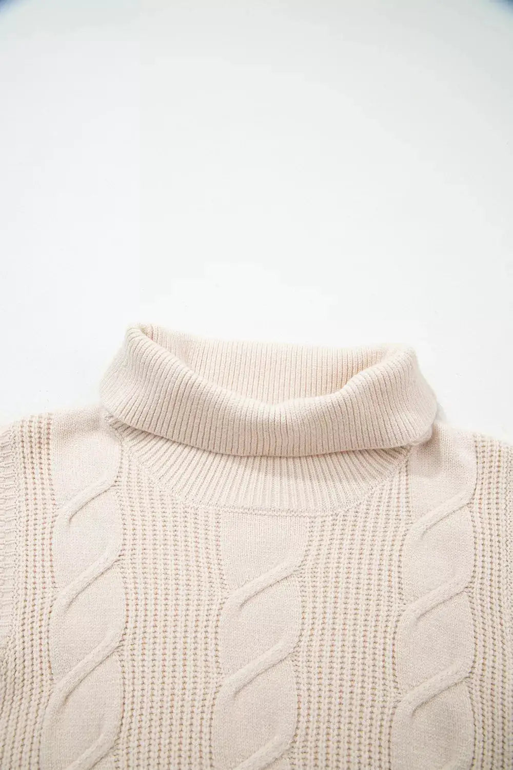 Cable Knit Turtleneck Ruffled Short Sleeve Sweater by Trendsi