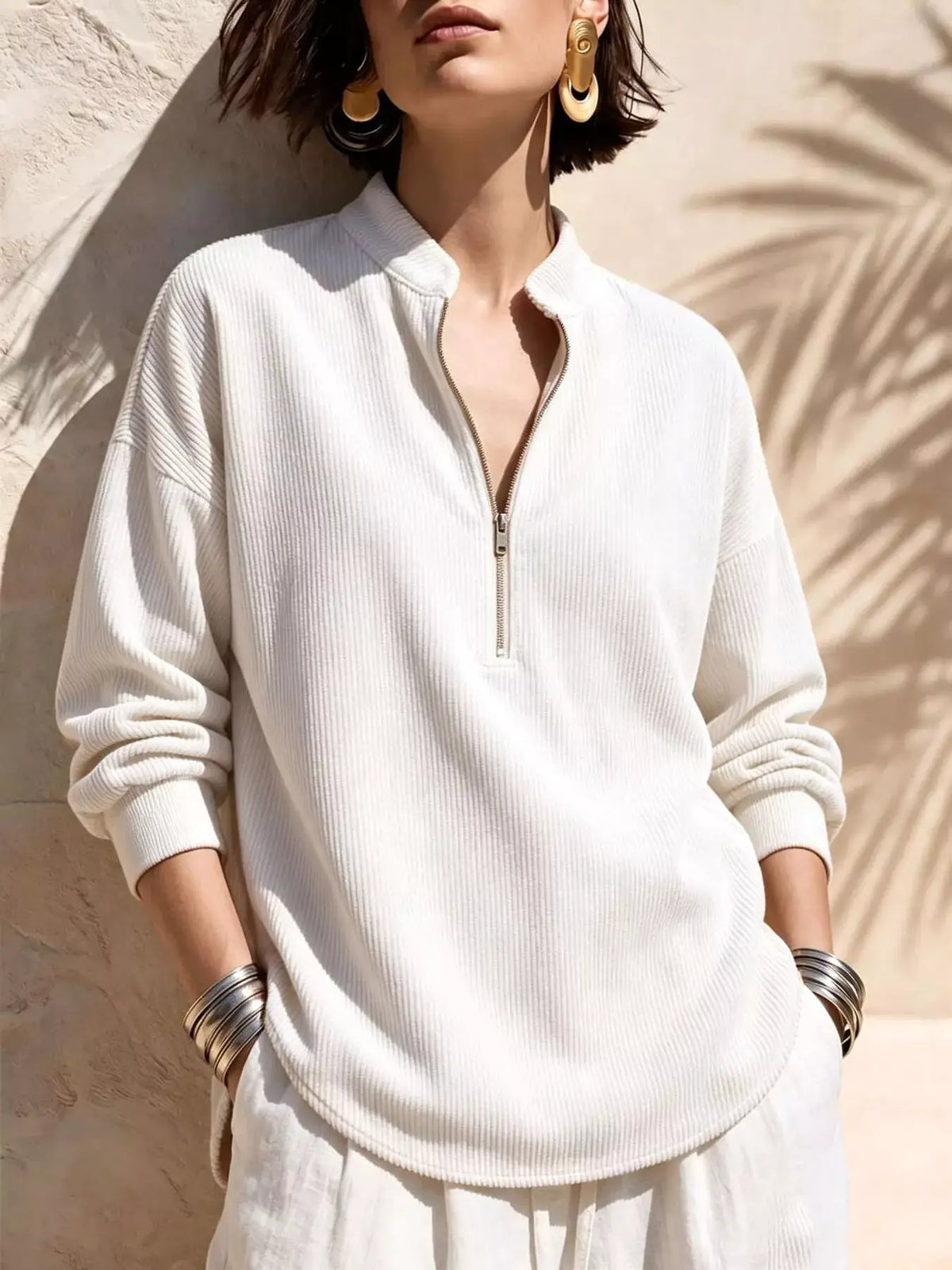 Full Size Half Zip Dropped Shoulder Corduroy Top Plus Size by Trendsi