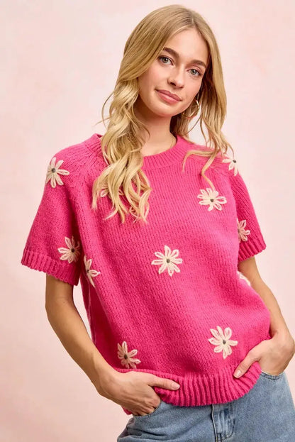 BiBi Flower Embroidered Short Sleeves Knit Top by Trendsi