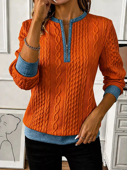 Full Size Denim Contrast Trim Quarter Zip Texture Sweatshirt Plus Size by Trendsi