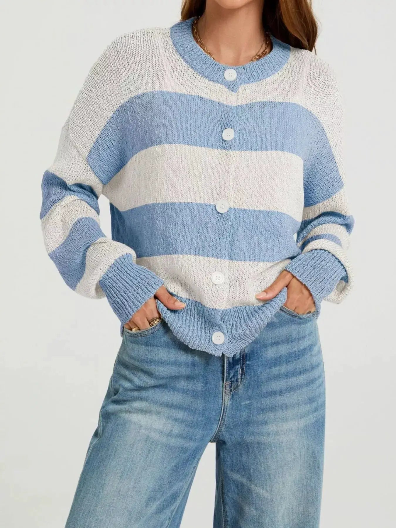 Casual Striped Button-Down Knit Cardigan by Trendsi