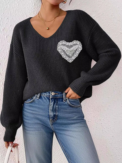 Lace Heart Dropped Shoulder Sweater by Trendsi