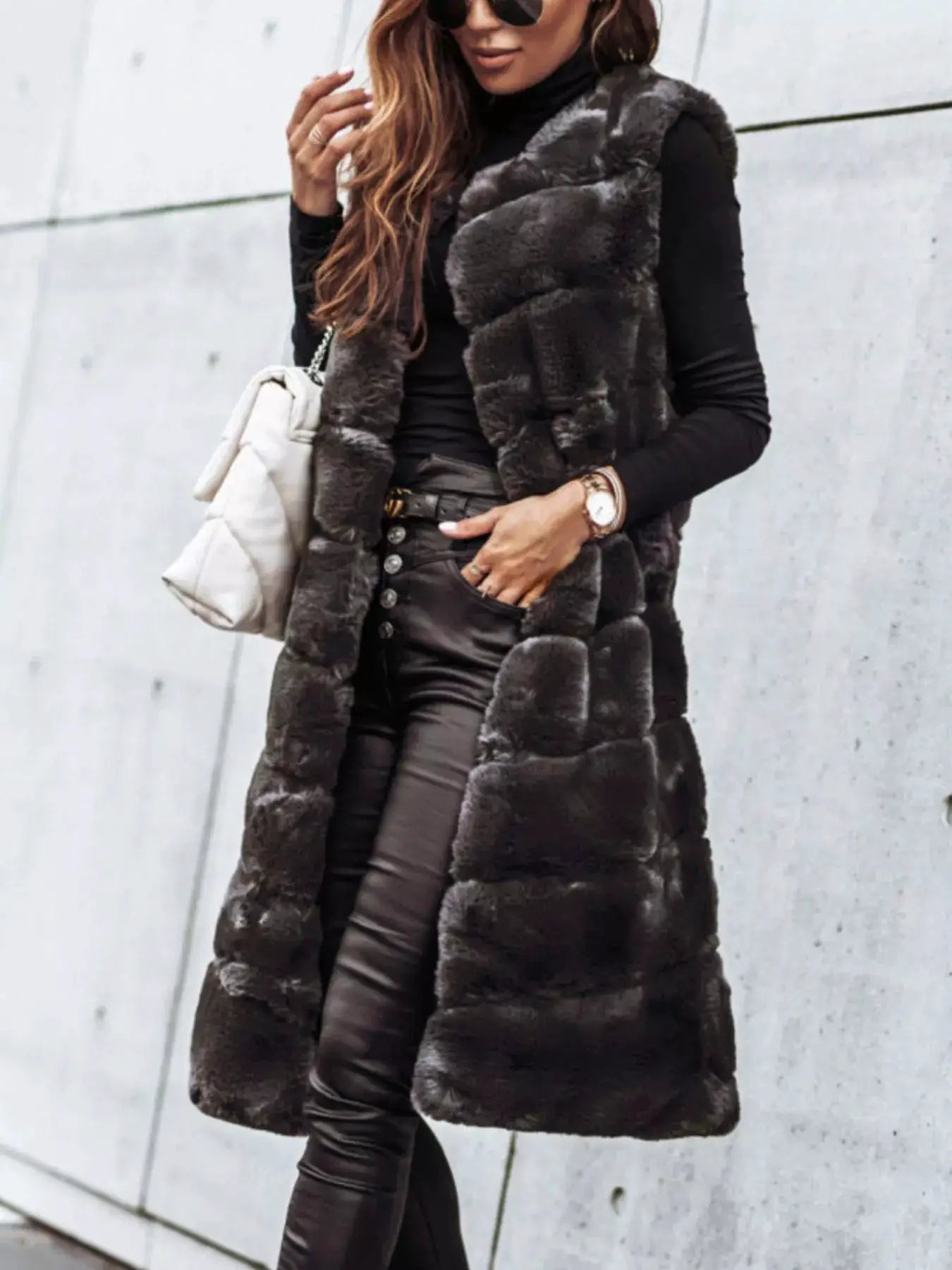 Faux Fur Longline Vest Coat by Trendsi