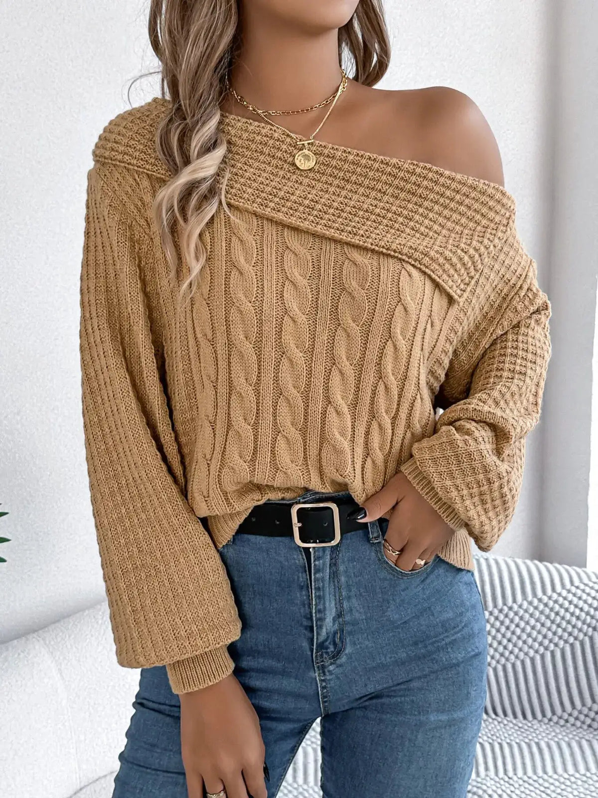One Shoulder Cable Knit Sweater by Trendsi