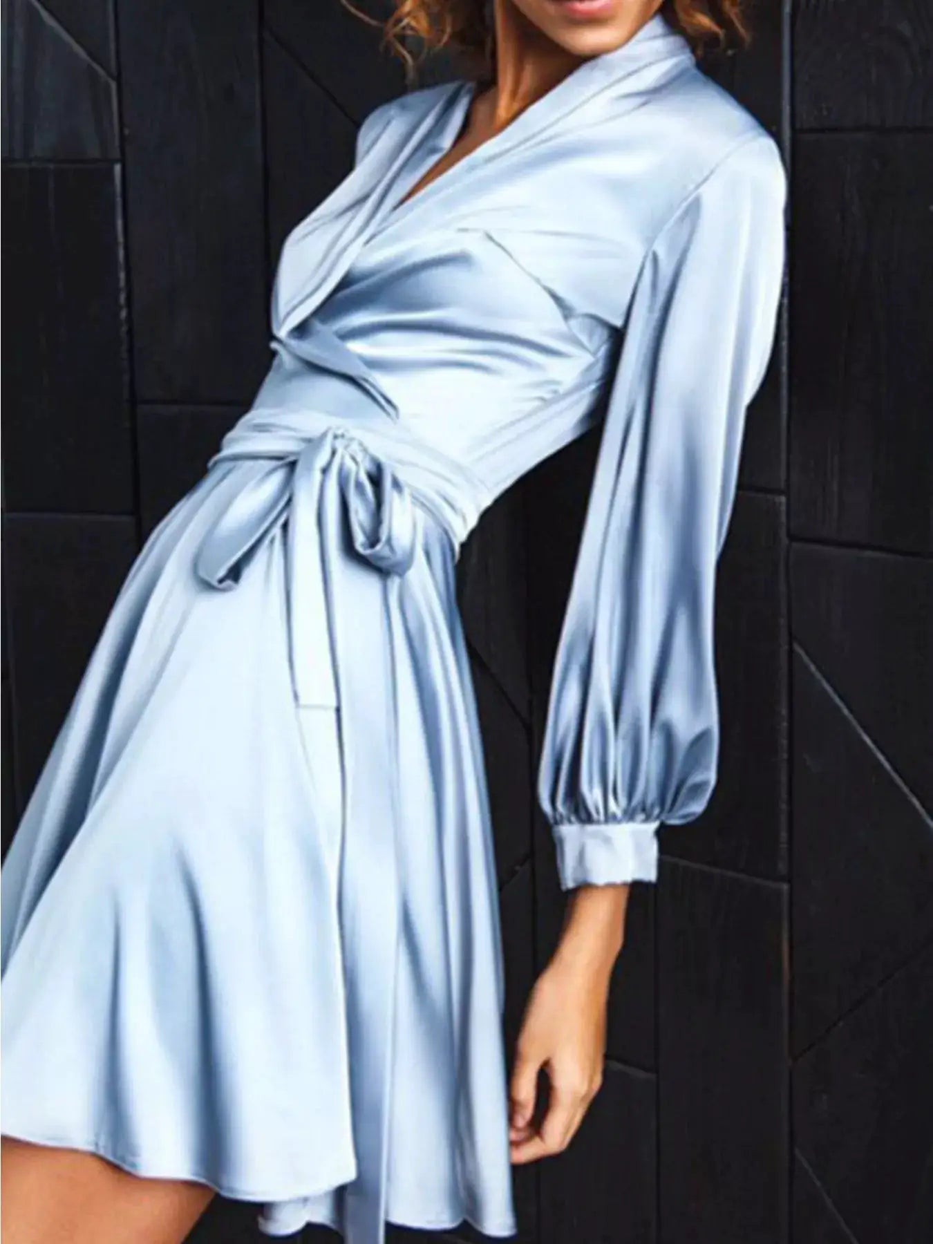 Satin Surplice Long Sleeve Mini Dress by Trendsi