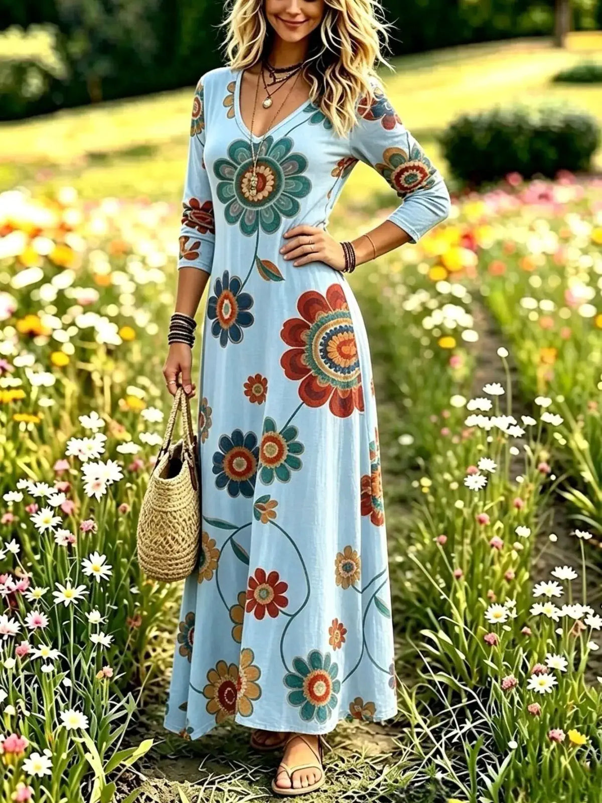 Floral Print V-Neck Long Sleeve Maxi Dress by Trendsi