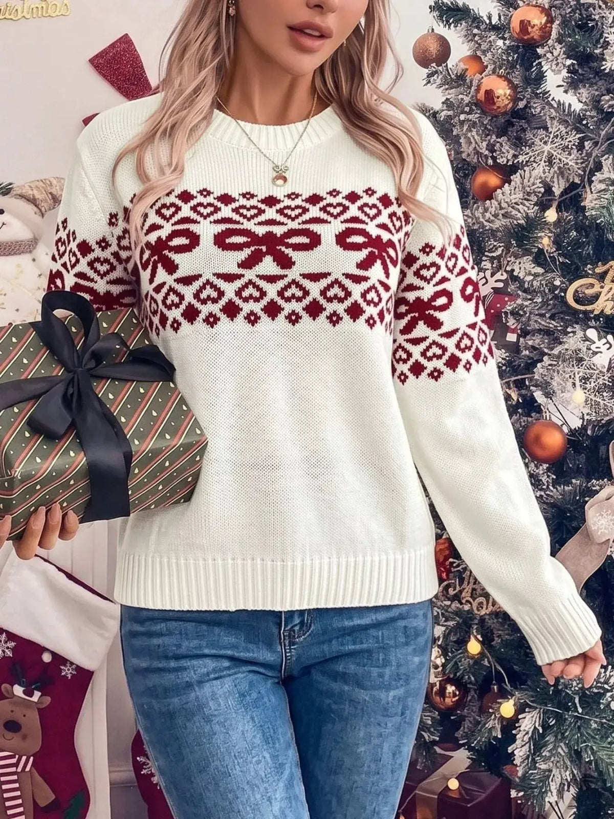 Bow Pattern Long Sleeve Christmas Sweater by Trendsi