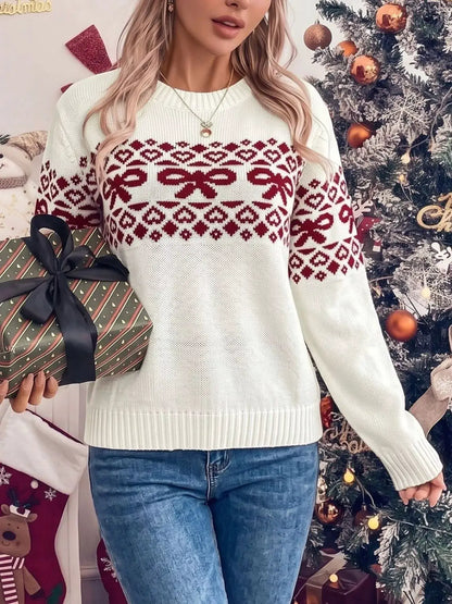 Bow Pattern Long Sleeve Christmas Sweater by Trendsi