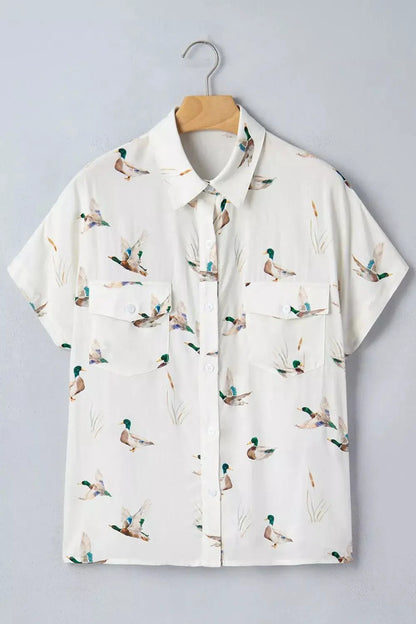 Mallard Printed Button Flap Pocket Short Sleeve Shirt by Trendsi