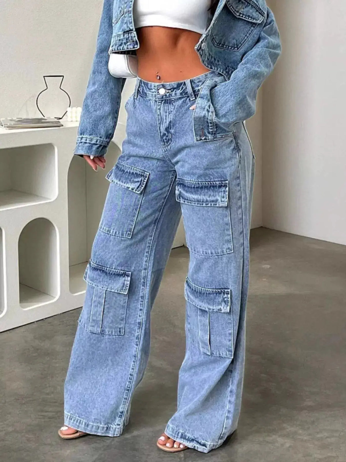 High-Waisted Wide-Leg Cargo Jeans by Trendsi
