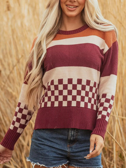 Checkered Color Block Knitted Drop Shoulder Sweater by Trendsi