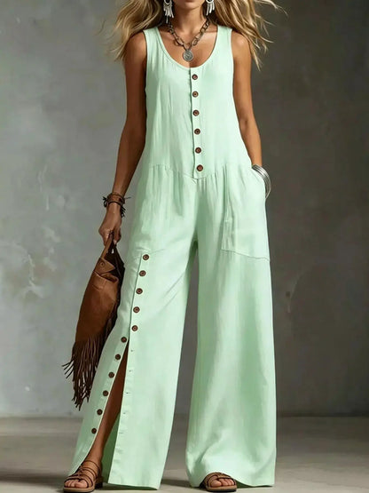 Full Size Sleeveless Button-Down Wide-Leg Jumpsuit Plus Size by Trendsi