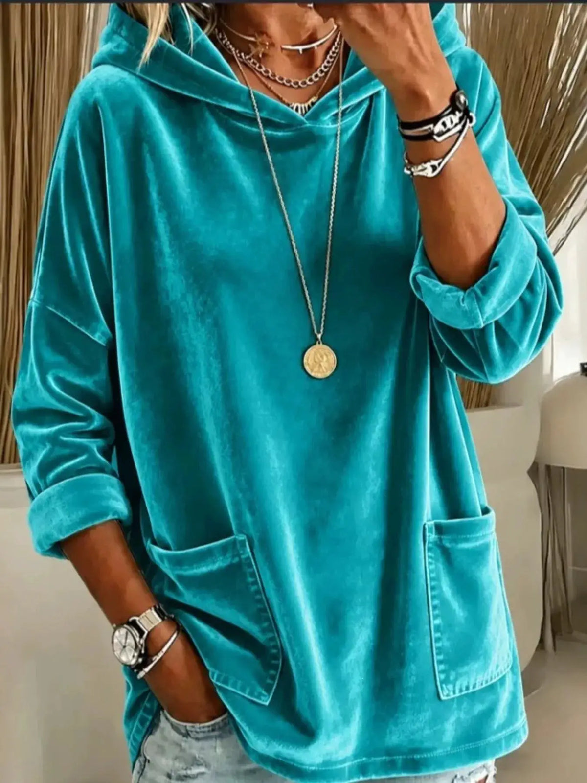 Velvet Front Pockets Hoodie by Trendsi