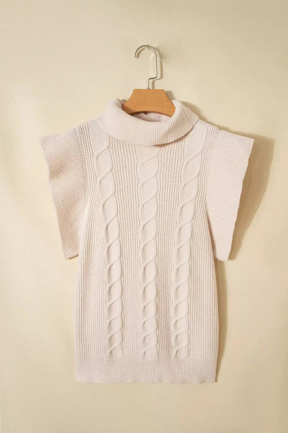 Cable Knit Turtleneck Ruffled Short Sleeve Sweater by Trendsi