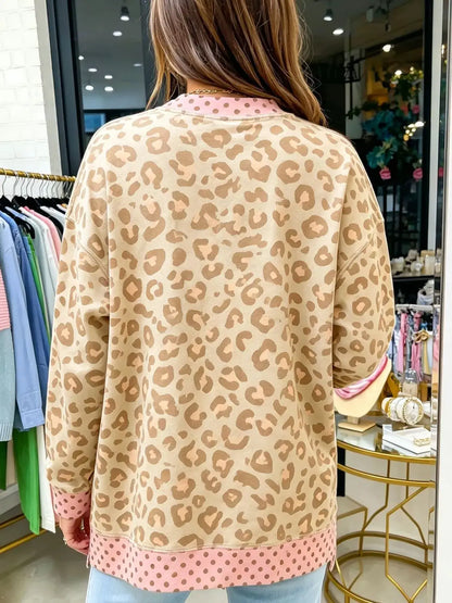 Side Slit Leopard Sweatshirt with Polka Dot Trim by Trendsi