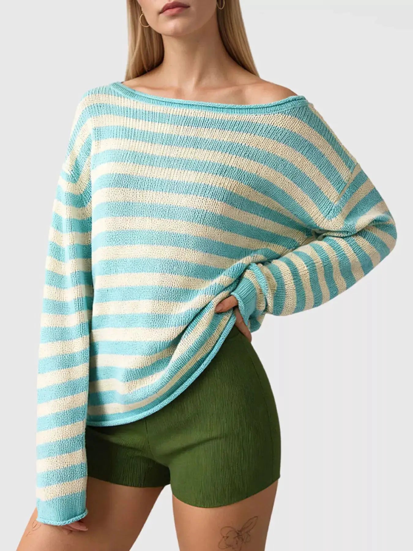 Casual Striped Boat Neck Sweater by Trendsi
