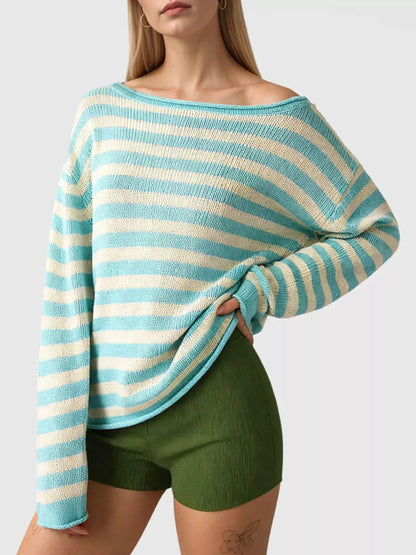 Casual Striped Boat Neck Sweater by Trendsi