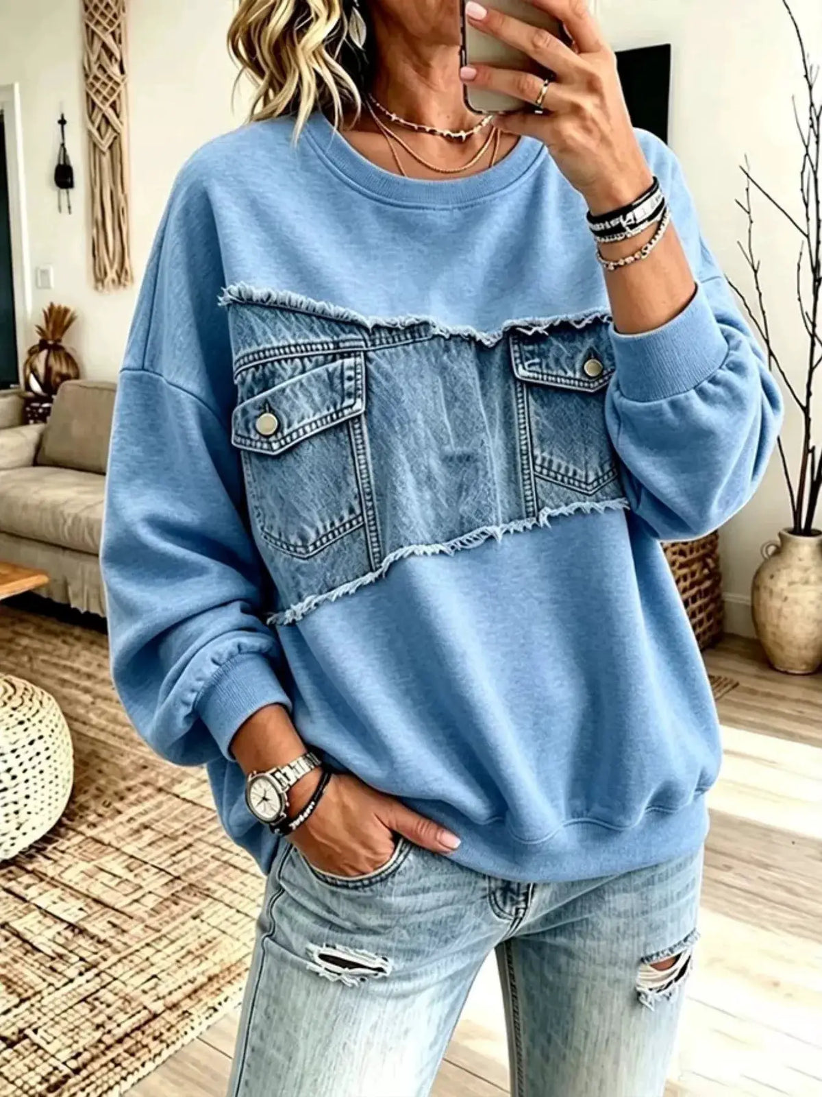 Full Size Denim Patchwork Dropped Shoulder Sweatshirt Plus Size by Trendsi