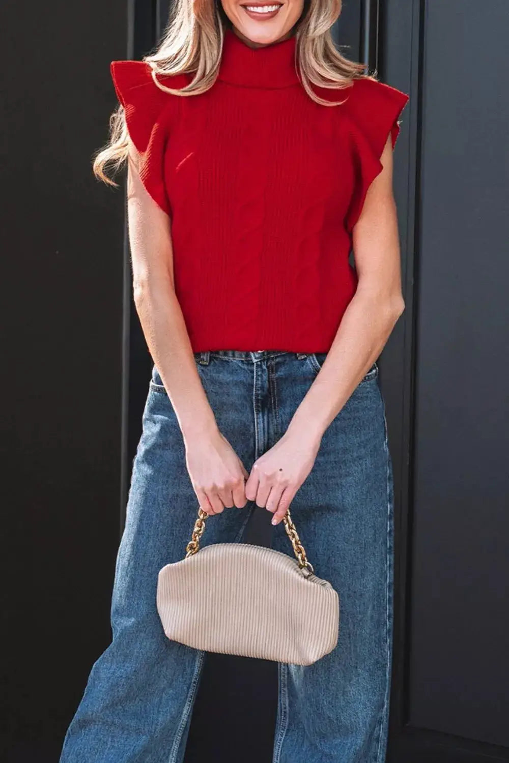 Cable Knit Turtleneck Ruffled Short Sleeve Sweater by Trendsi