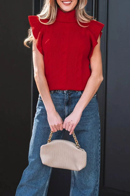 Cable Knit Turtleneck Ruffled Short Sleeve Sweater by Trendsi