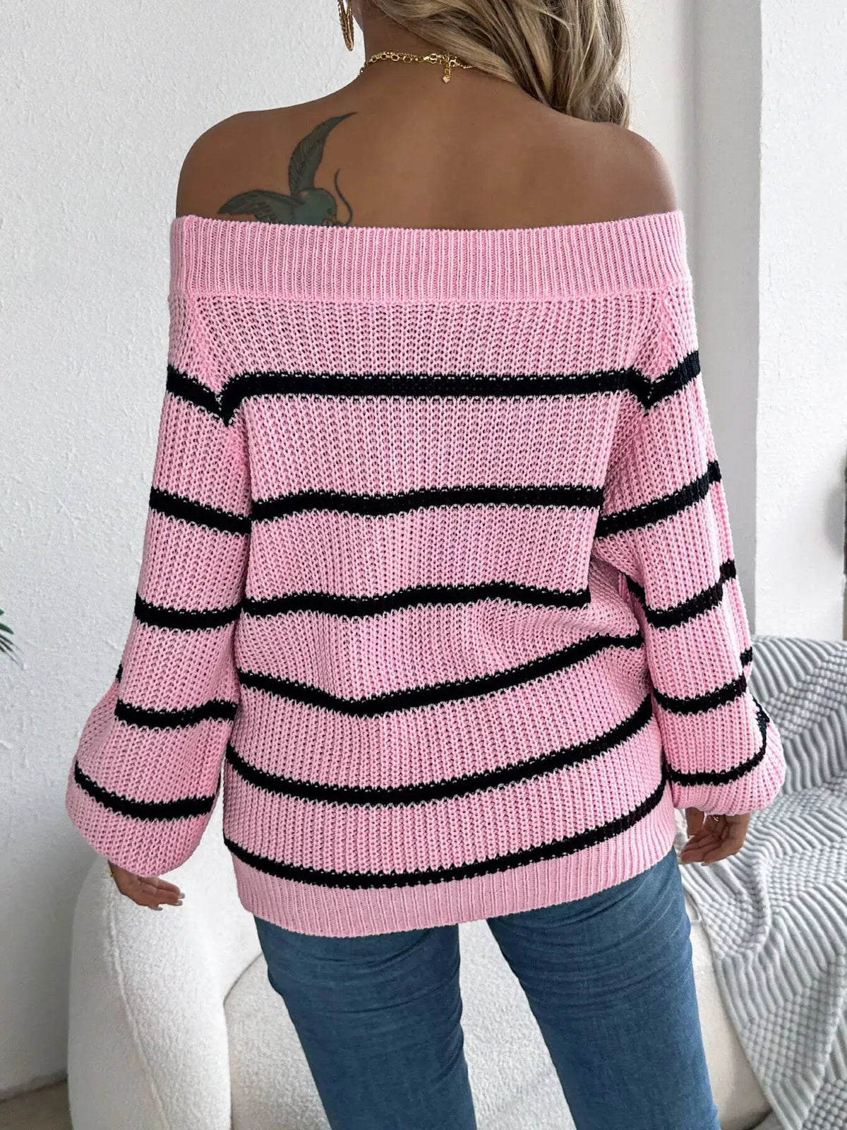 Off-Shoulder Striped Contrast Sweater by Trendsi