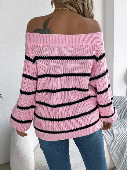 Off-Shoulder Striped Contrast Sweater by Trendsi