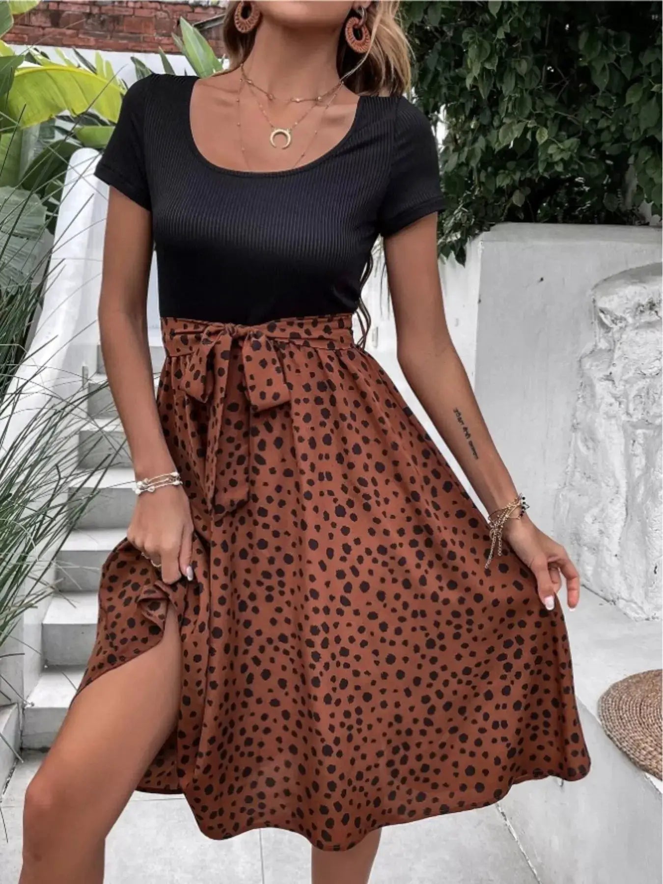 Leopard Print Tie-Waist Dress by Trendsi