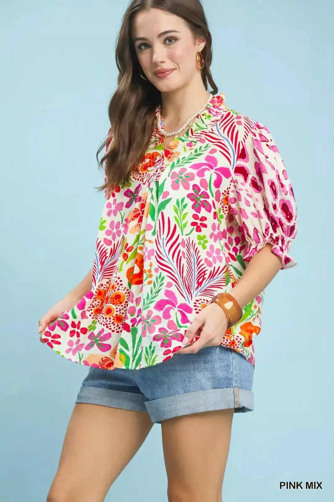 Umgee V-Neck Ruffle Trim Puff Sleeve Top by Trendsi