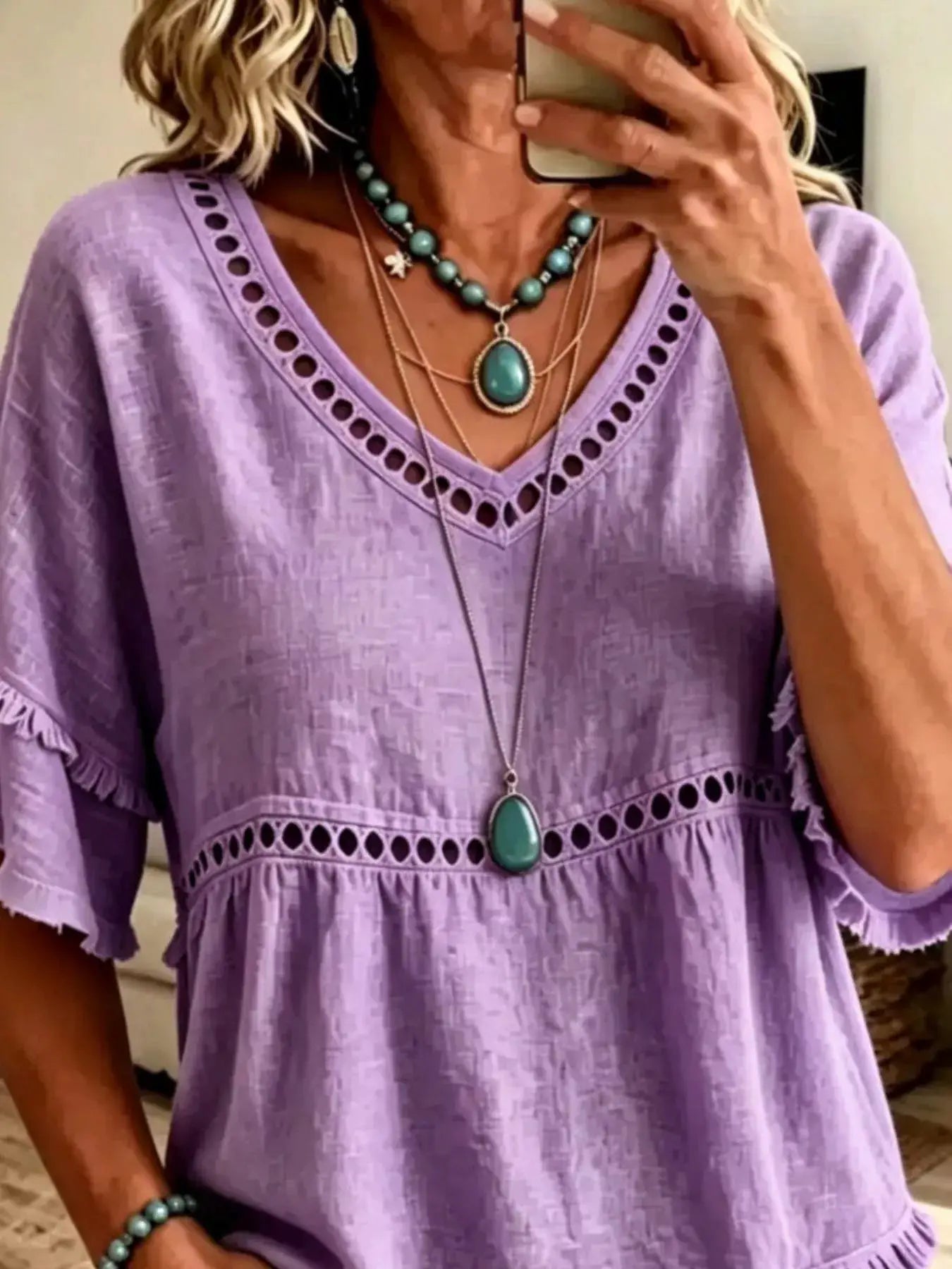 Eyelet V-Neck Frayed Edge T-Shirt by Trendsi
