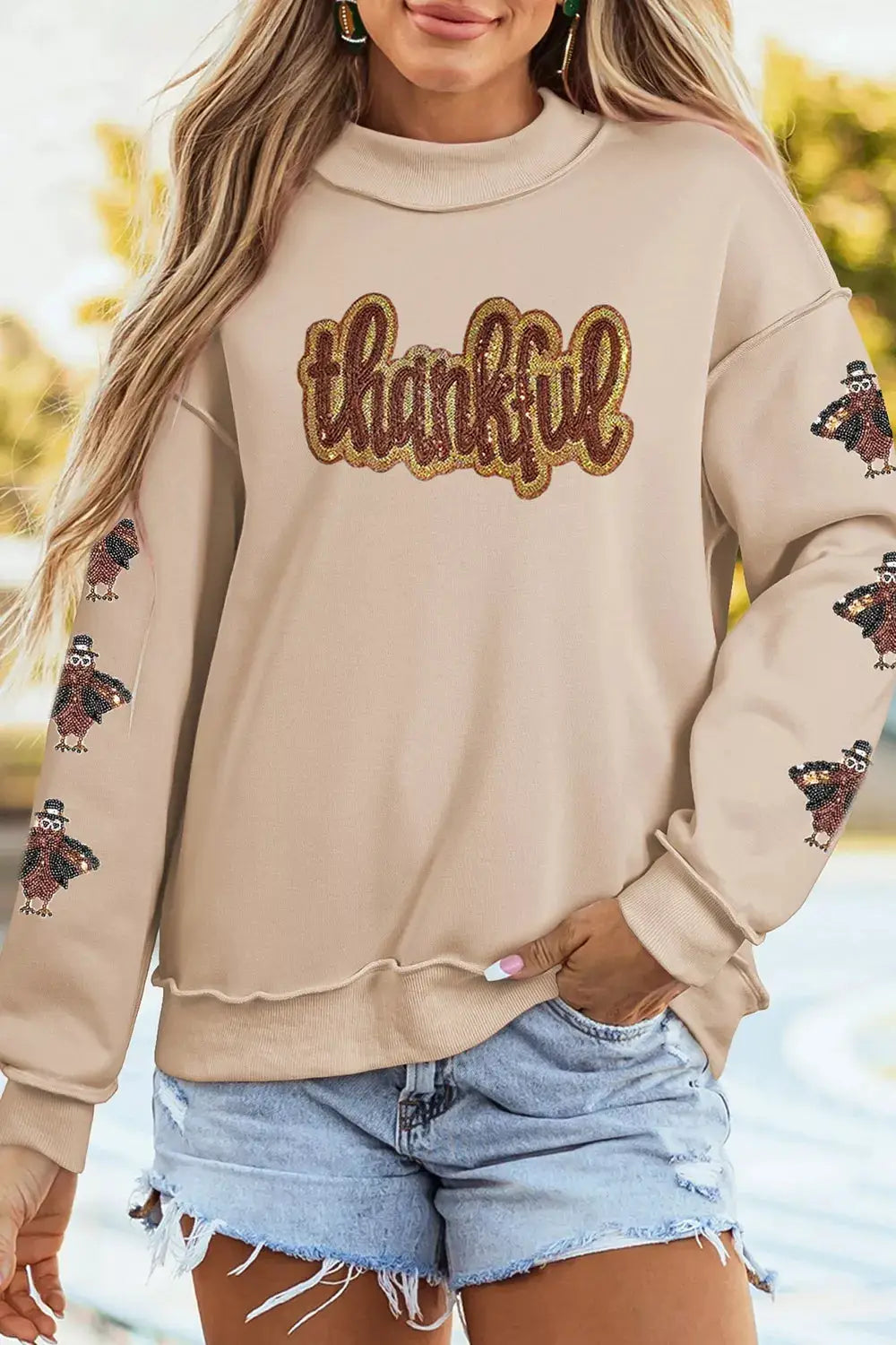 Thankful Sequin Mock Neck Sweatshirt by Trendsi