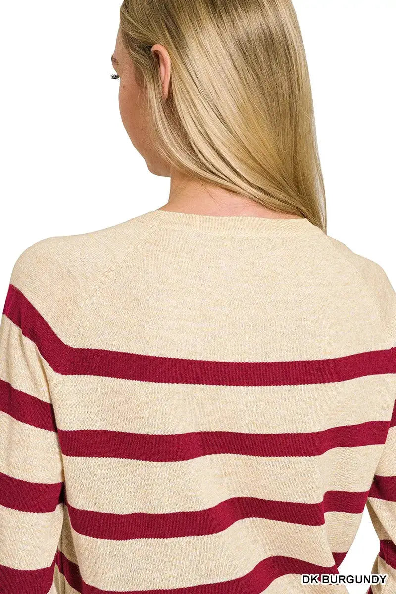 Zenana Lightweight Wool Blend Striped Round Neck Sweater by Trendsi