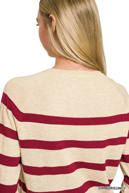Zenana Lightweight Wool Blend Striped Round Neck Sweater by Trendsi