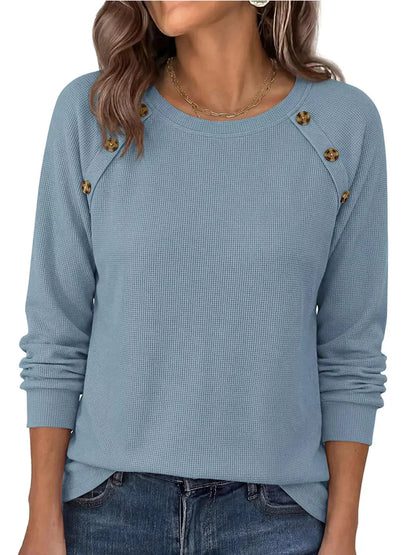 Decorative Button Waffle Knit Long Sleeve T-Shirt by Trendsi