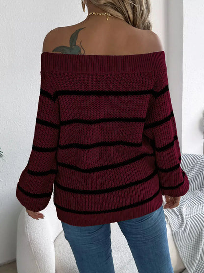 Off-Shoulder Striped Contrast Sweater by Trendsi