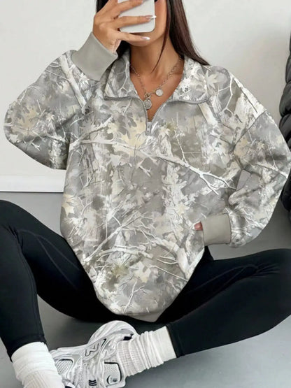 Quarter-Zip Printed Sweatshirt with Ribbed Cuffs by Trendsi
