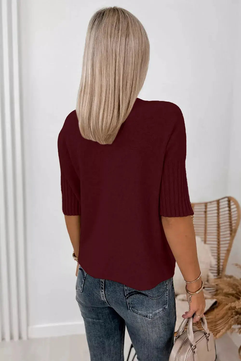 Mock Neck Half Sleeve Ribbed Sweater by Trendsi